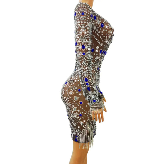 Fashion Rhinestones Transparent Summer Dress Birthday Evening Celebrate Costume Women Dance Prom Performance Dress