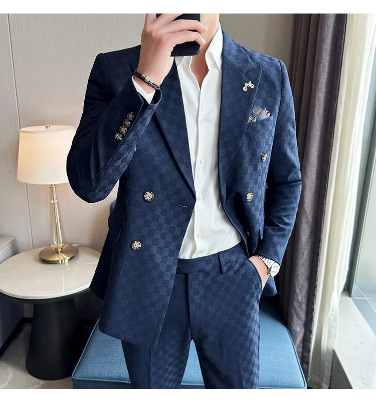 Elegant Double-Breasted Navy Checker Suit for Men – Custom Tailored Business & Wedding Attire, Stylish Formalwear Set