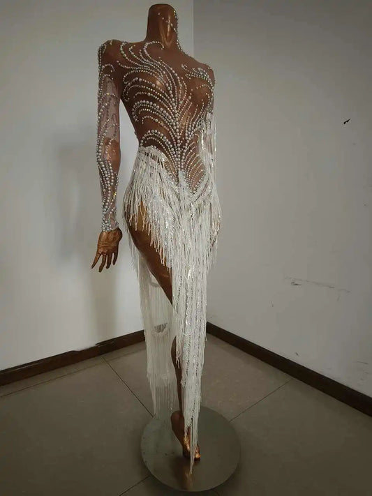 Sparkly Rhinestones Sequins Fringes Birthday Celebrate Evening Dress Women Sexy Mesh Transparent Dance Costume Photo Shoot Wear