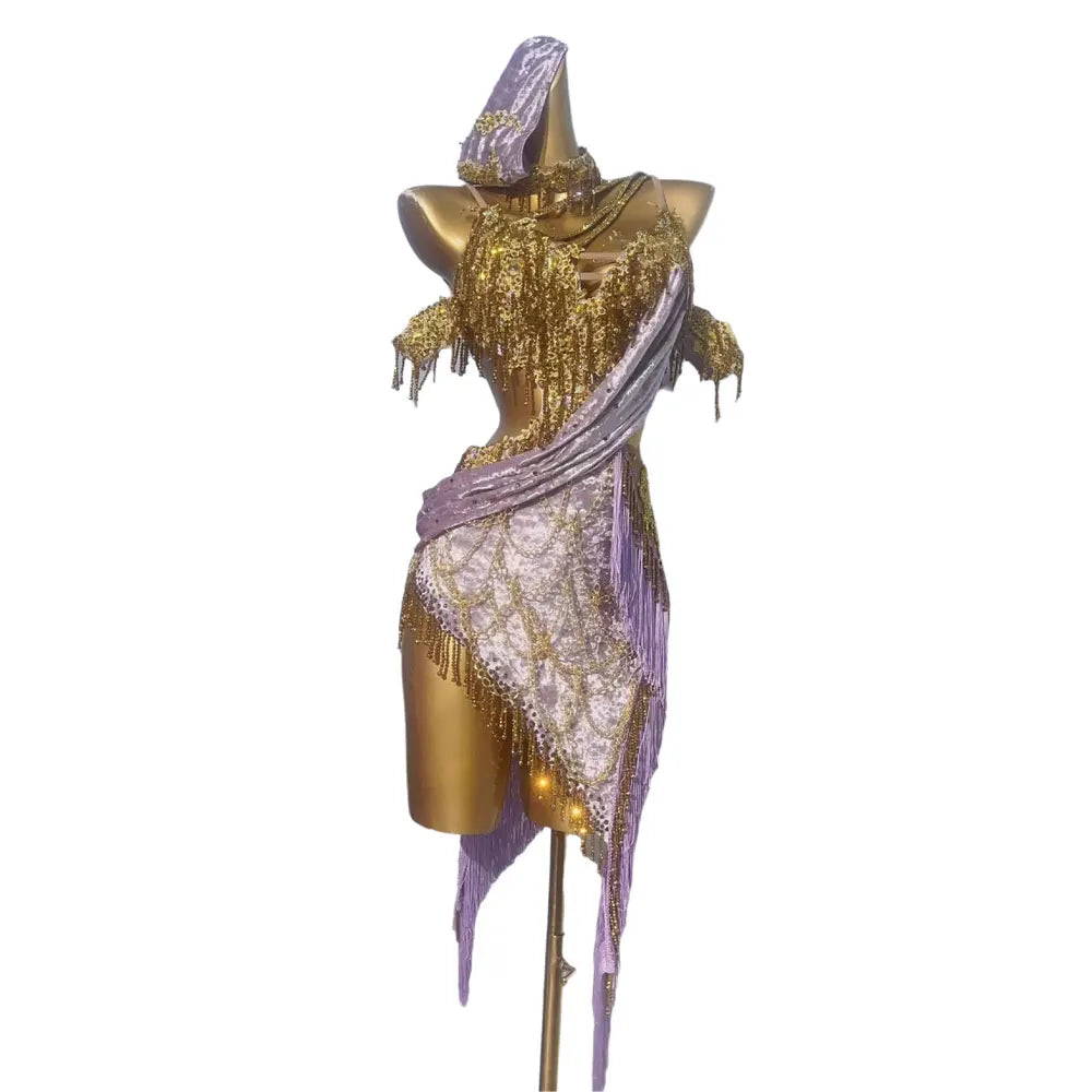 Latin Dance Stage Women's High-end Custom Gold Bra, Gold Chain Skirt, Samba Art Performance Rhinestone Clothing Dress