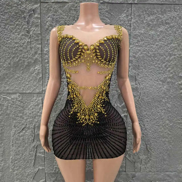 Robe moulante transparente sans manches en maille transparente pour femme, tenue de soirée, de bar, de chanteur, avec strass brillants