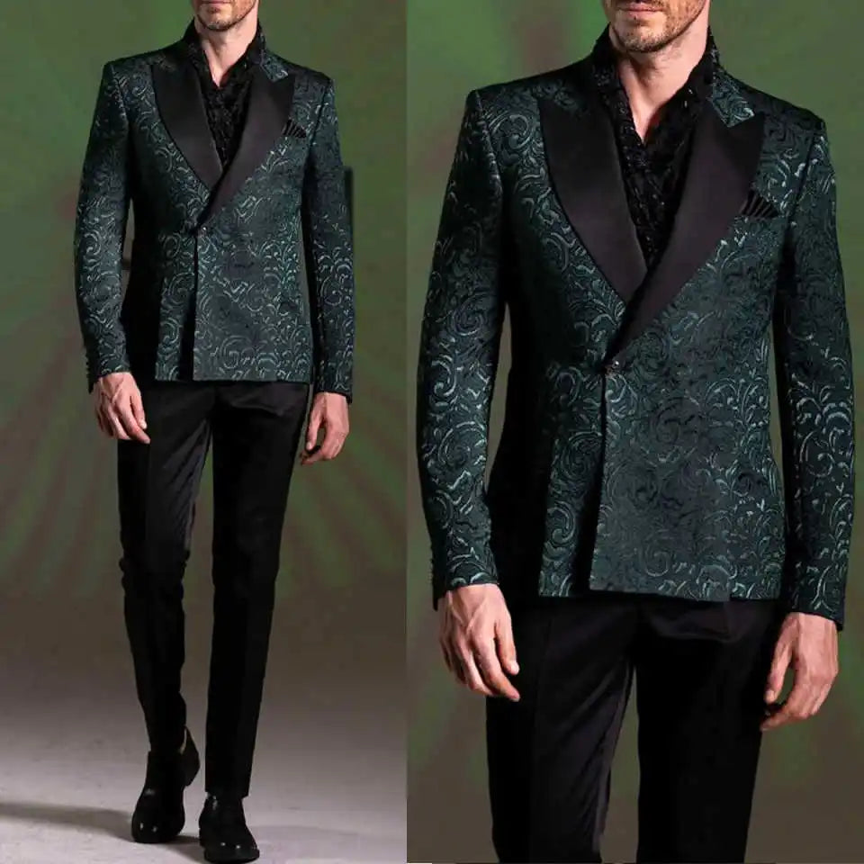 Elegant Jacquard Men's Suits 2 Pieces Blazer Pants Peaked Velvet Lapel One Button Wedding Slim Fit Custom Made Plus Size