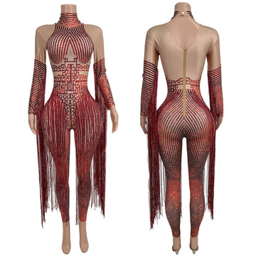 Sparkly Red Rhinestone Long Tassel Tight Fitting Jumpsuit Spandex Elastic Drag Queen Performer Wear gig Dance Outfit