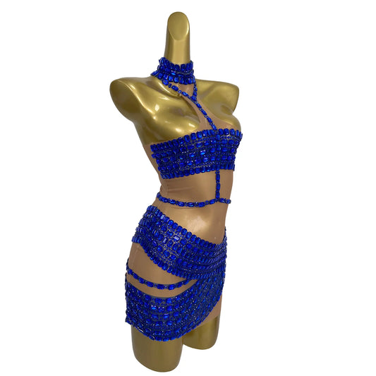 Flashing Blue Rhinestone Sexy Sleeveless Dress Luxury Women Prom Evening Party Gown Club Stage Performance Clothing