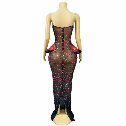 Sexy Strapless Cutout Crystal Maxi Dress Rhinestones Transparent Mesh Dress Women Evening Prom Gown Red carpet Show Stage Wear