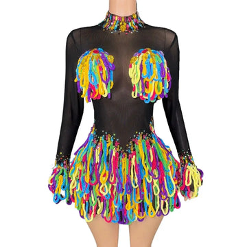 Sparkly Rhinestones Colourful Tassels Dress Women Sexy Mesh See Through Performance Dance Costume Dancer Stage Wear