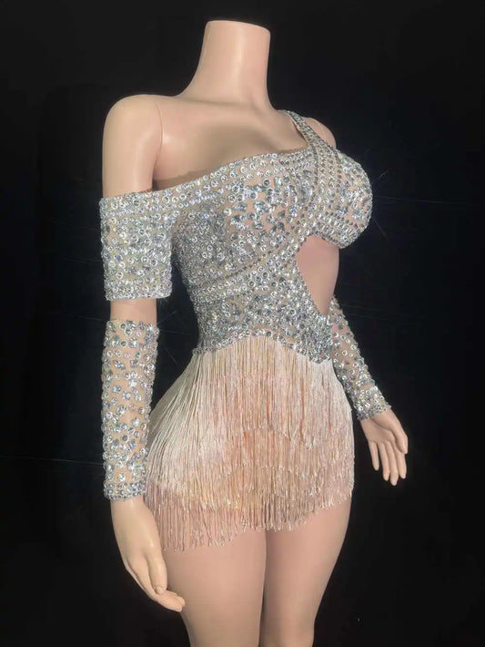 Gants de body à strass scintillants pour femmes, transparents et sexy, pour spectacle de danse, chanteur, danseuse, vêtements de scène 