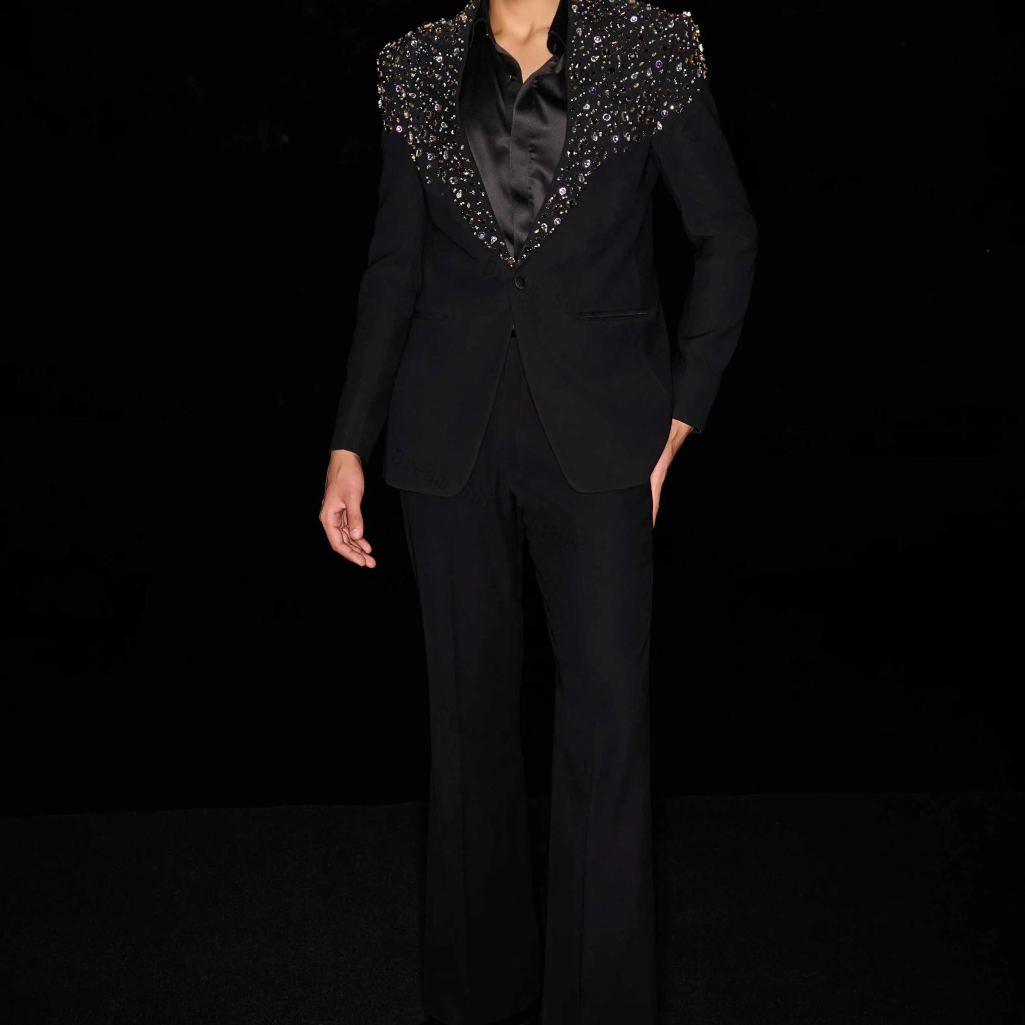 Luxury Stone Crystals Men Suit Set 2 Piece Blazer+Pant Trousers Customized Formal Office Jacket Black Wedding Tuxedos Prom Coat