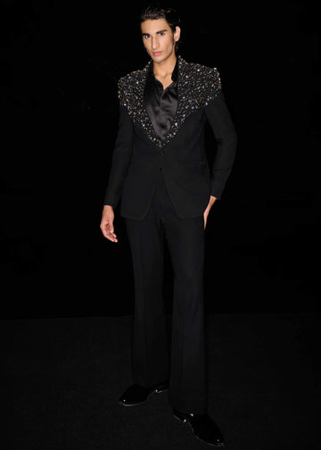 Luxury Stone Crystals Men Suit Set 2 Piece Blazer+Pant Trousers Customized Formal Office Jacket Black Wedding Tuxedos Prom Coat