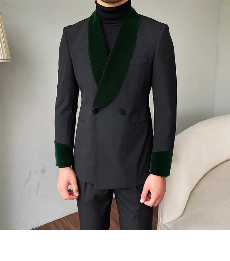 Traje formal de cuello chal de terciopelo, traje de dos piezas para fiesta de boda, traje de banquete para novio, traje ajustado para hombre, boda