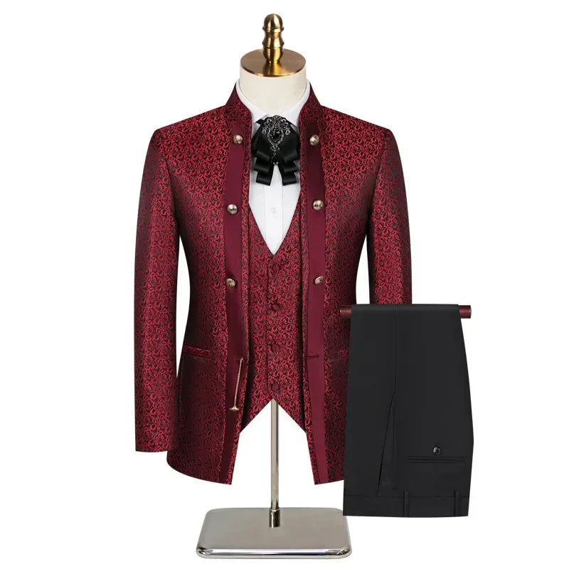Double Breasted Floral Men Suits for Wedding 3 Pieces Stand Collar Groom Tuxedo Slim Fit Male Suit Jacket with Pants Vest