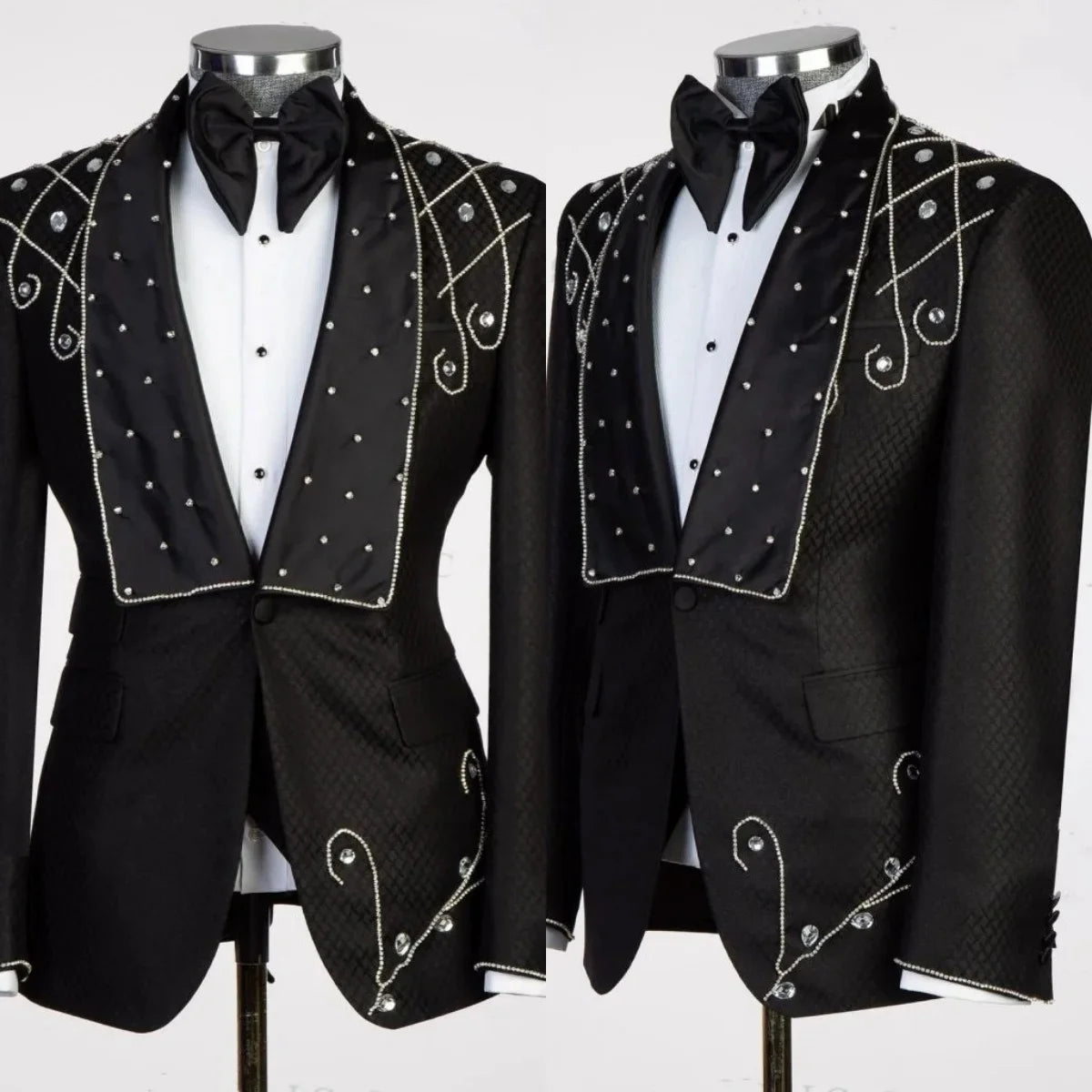 Fashion Men Suits Tailor-Made Peaked Lapel Beaded Groom Blazer 2 Pieces Set Coat Crystal Special Design Customized Jacket Pants