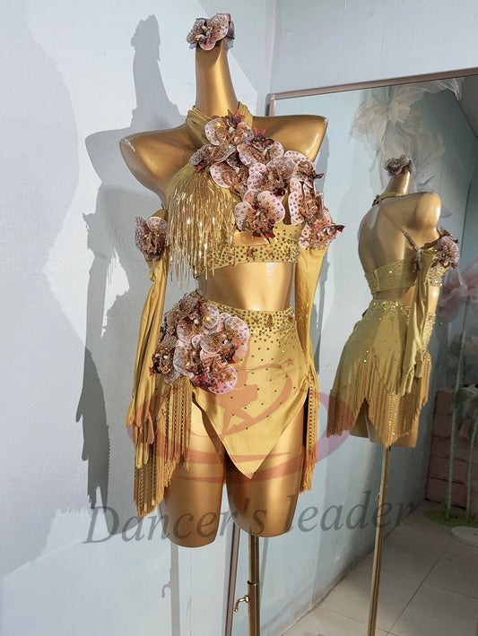 Latin Dance Costume AB Stone Female Adult Children High end Customized Gold Dress Flower Collar Samba Performance Dress