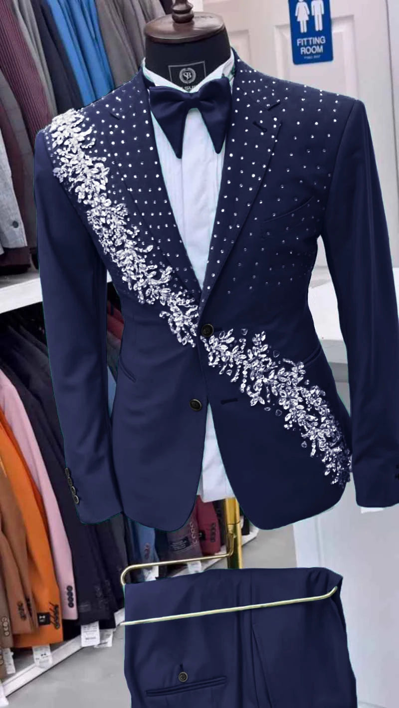 Luxury Men's Suits Crystals 2-Piece Single Breasted Blazer Peaked Lapel Formal Occasions Party Prom Customized Plus Size Tuxedo