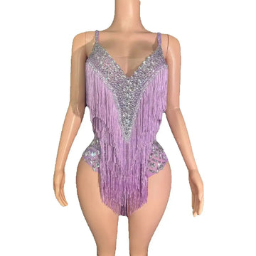 Body à strass scintillants et pompons pour femme, tenue sexy à col en V, tenue de danse, de spectacle, de chanteur, de scène