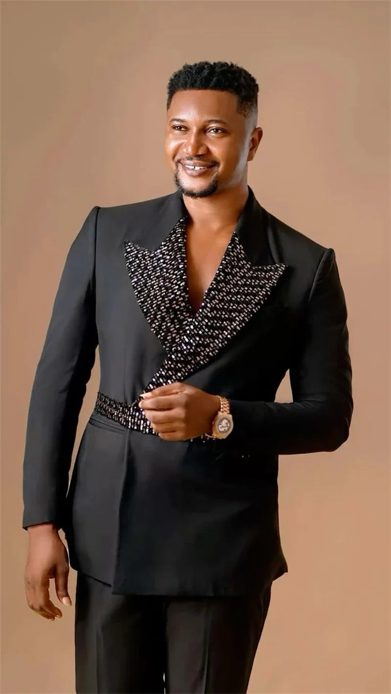 Crystals Black Men Suits Set 2 Pcs Blazer+Cotton Pants Trousers Belted Wedding Tuxedo Formal Office Business Groom Jacket Coat