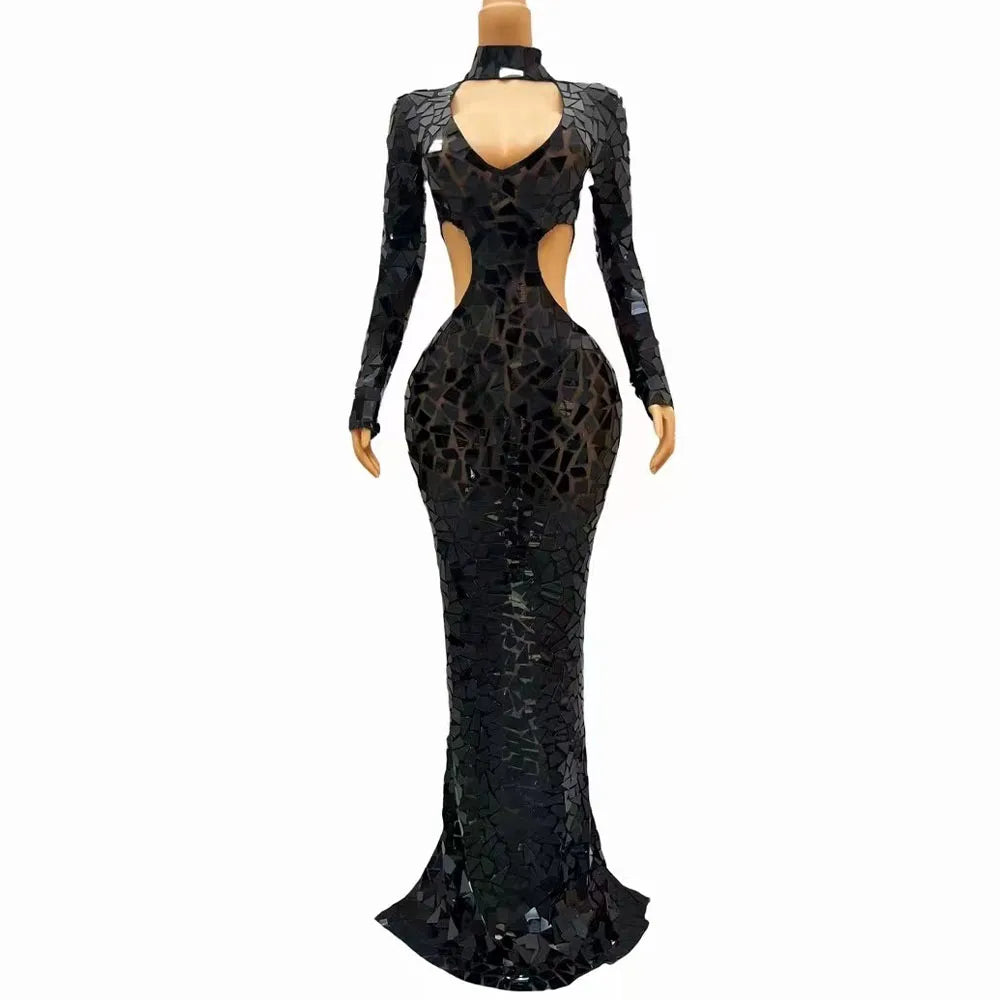 Sexy Stage Luxury Black Mirrors Hollow Waist Stretch Dress Photography Evening Gown Women Prom Birthday Show Collection Gowns
