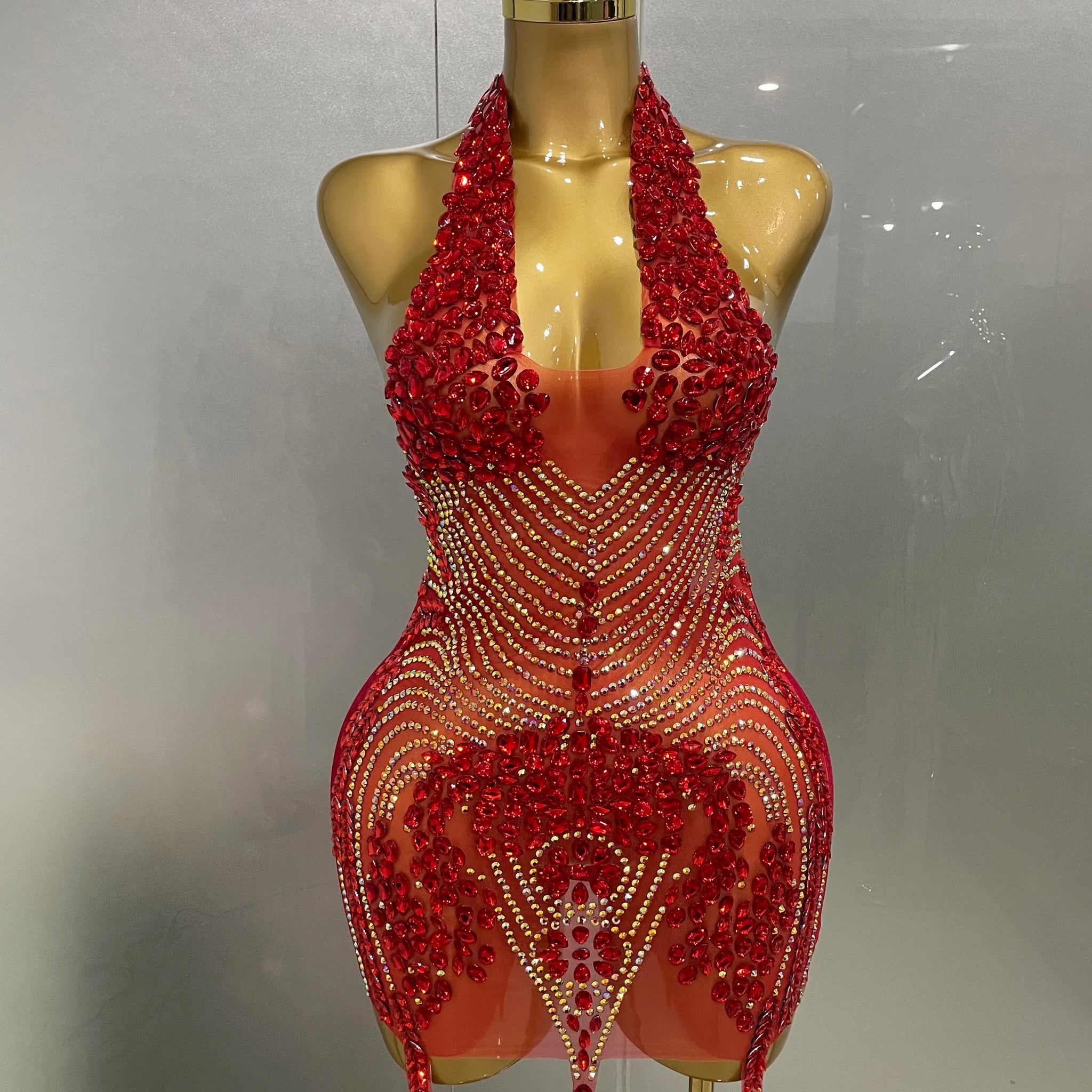 Robe courte sexy en velours rouge scintillante avec strass, dos nu, pour femme, tenue de soirée, de bal, d'anniversaire, de scène