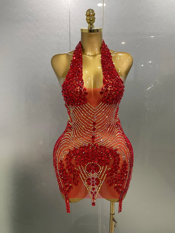Robe courte sexy en velours rouge scintillante avec strass, dos nu, pour femme, tenue de soirée, de bal, d'anniversaire, de scène