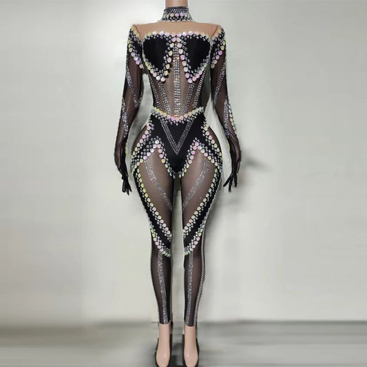 Drag Queen Outfit Halloween Sequins Rhinestones Jumpsuit Women Mesh Rave Outfit Nightclub Bar DJ Gogo Dance Costume