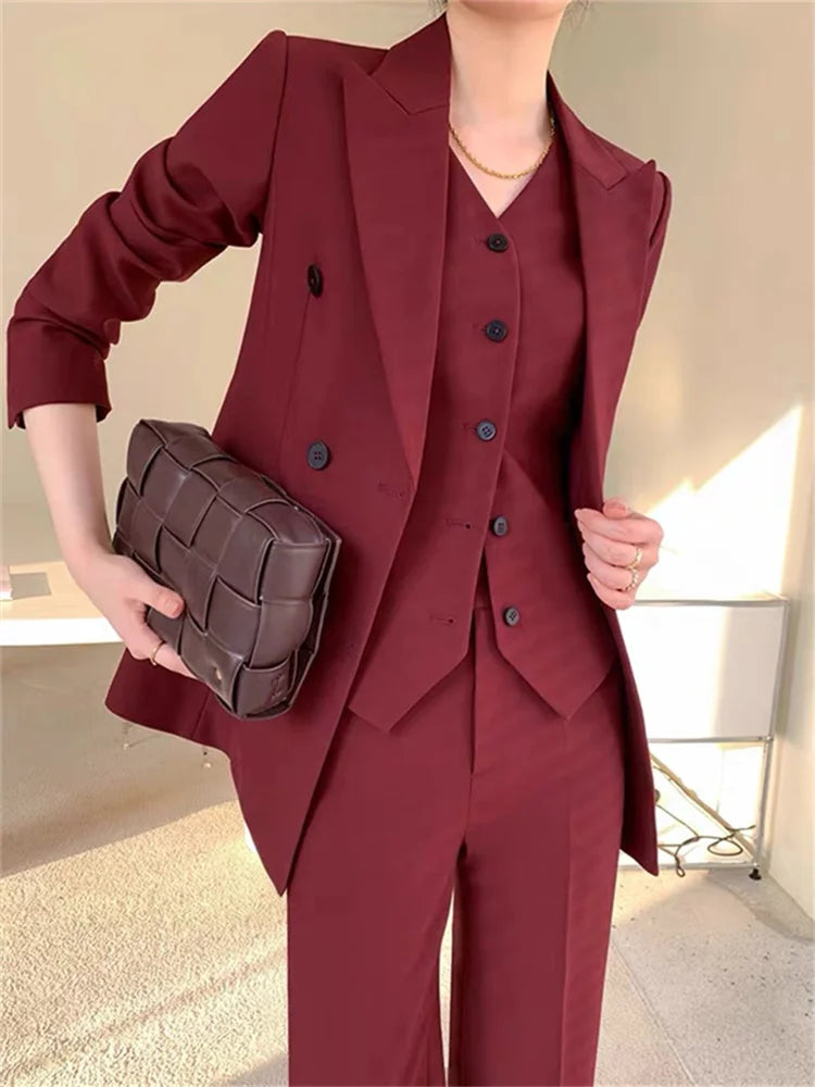 Elegant Burgundy 3-Piece Suit Set for Women - Spring Office Attire with Double-Breasted Blazer, Stylish Vest, and Wide Leg Trousers