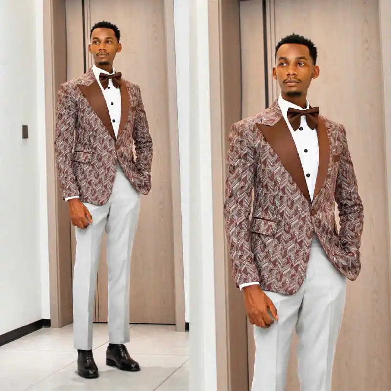 Elegant Jacquard Wedding Groom Tuxedos Slim Fit 2 Pieces Jacket Pants Male Prom Party Casual Occasion Customized