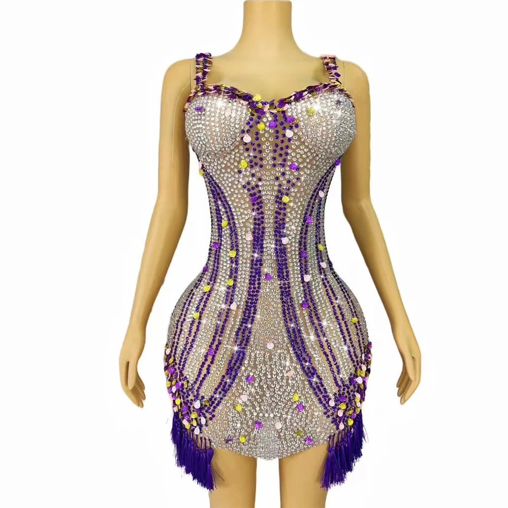Sexy Silver Purple Rhinestones Sequins Shells Tassels Sleeveless Dress Birthday Women Singer Performance Photoshoot Costume