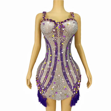 Sexy Silver Purple Rhinestones Sequins Shells Tassels Sleeveless Dress Birthday Women Singer Performance Photoshoot Costume