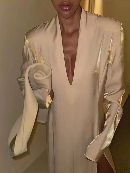 Glitter Party Long Dress Women Sexy V-neck High Split Female Dresses Spring Summer Street Elegant Full Sleeves Lady Robe