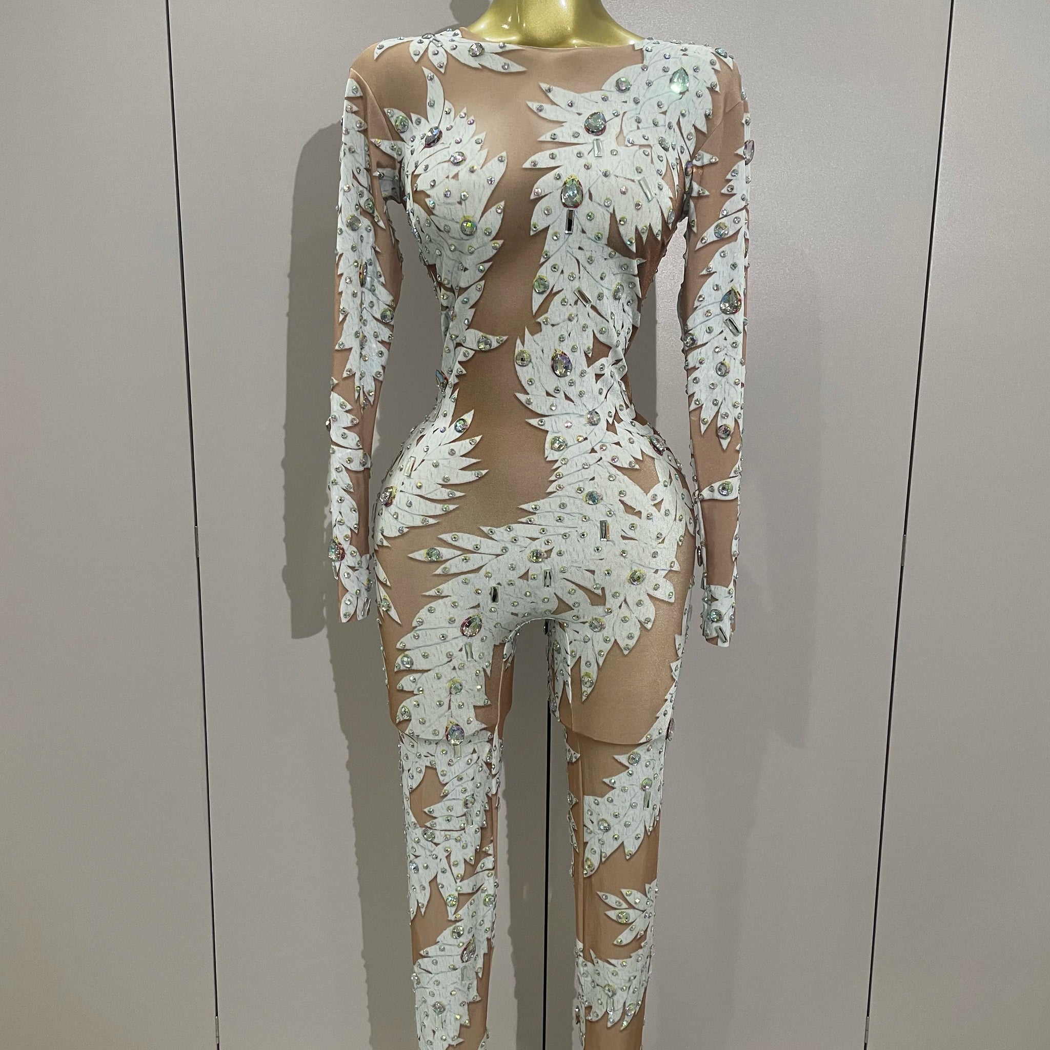 Sexy Stage Costume Crystal High Stretch Bodycon Long Sleeve Jumpsuit Women Celebrate Nightclub Party Dancer Performance Wear