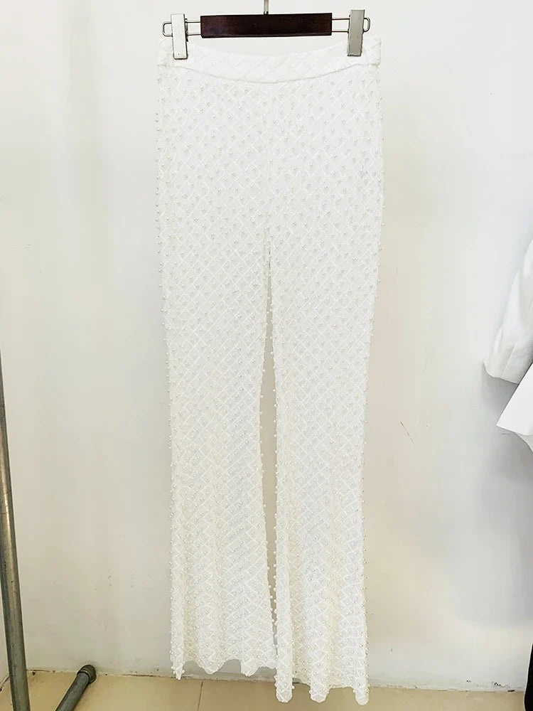 Designer Runway Fashion Women's Hollow Out Flowers Appliques Pearls Beaded Blazer Gauze Pants