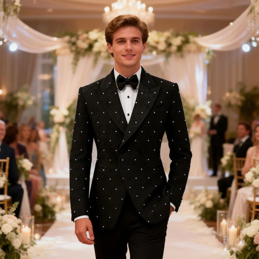 Shiny Metal Embellished Men Suits Peaked Lapel Groom Tuxedos 2 Pieces Sets Wedding Blazers Outfit Slim Ropa Hombre Customized