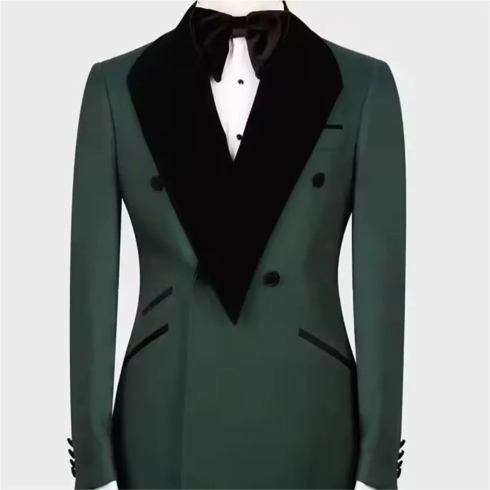 Costume vert de luxe pour homme, 2 pièces, veste et pantalon, croisé, noir, col châle, tenue décontractée, ensemble complet pour mariage