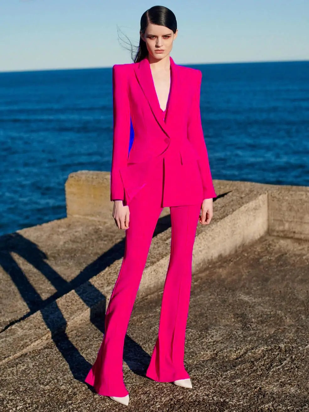 Designer Runway Suit Set Women Single Button Slim Fit Blazer Flare Pants Suit Two Pieces