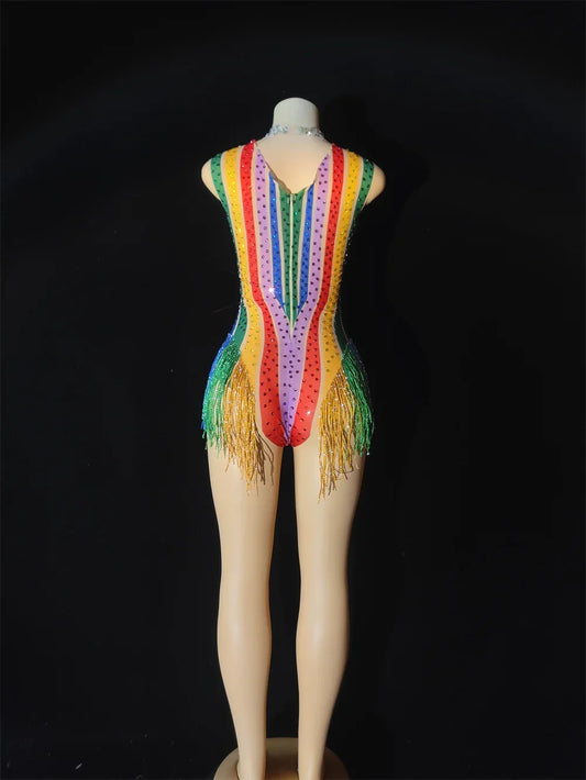 Women Colorful Rainbow Tassel Mesh Leotard Rhinestones Perspective Fringes Bodysuit Stage Outfit Wear Performance Dance Costume