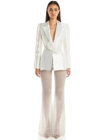 Designer Runway Fashion Women's Hollow Out Flowers Appliques Pearls Beaded Blazer Gauze Pants