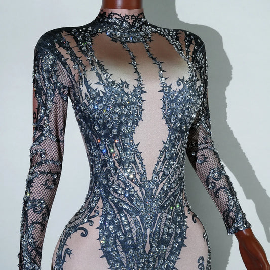 Sexy Black Rhinestone Print Jumpsuit Pole Dancing Nightclub Birthday Party Stage Bodysuit Costume Costumes Drag Queen Outfit