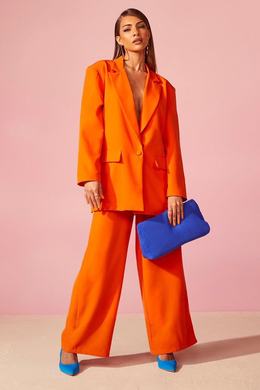 Ensemble pantalon ample orange d'été pour femme, blazer super long, jambe large, sur mesure, robe de soirée, de bal 