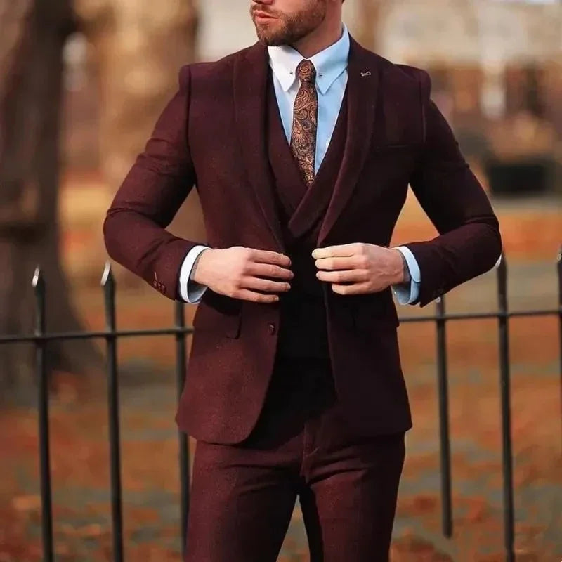 Trajes de hombre de alta calidad color burdeos, de alta calidad, de botonadura sencilla, con solapa de pico, de lujo, de 3 piezas, chaqueta, pantalón, chaleco, formal, para boda.