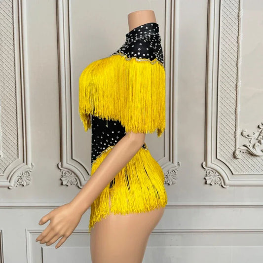 Ropa de Drag Queen, disfraz sexy de Gogo, mono amarillo con flecos y diamantes de imitación para mujer, atuendo para fiesta de DJ y discoteca, ropa rave