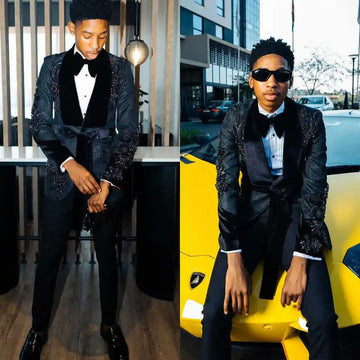 Vintage Men Suits Beaded Appliques Shawl Lapel Blazer 2 Pieces Set Wedding Tuxedo Belt Groom Coat Customized Jacket Pants