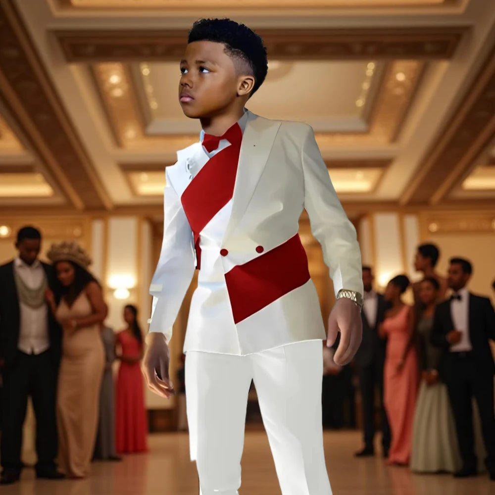 Satin Boys Suit 2 Pieces Set Double Breasted White Jacket with Pants Wedding Tuxedo Kids for 2-16 Years Old Boy Slim Fit Suit