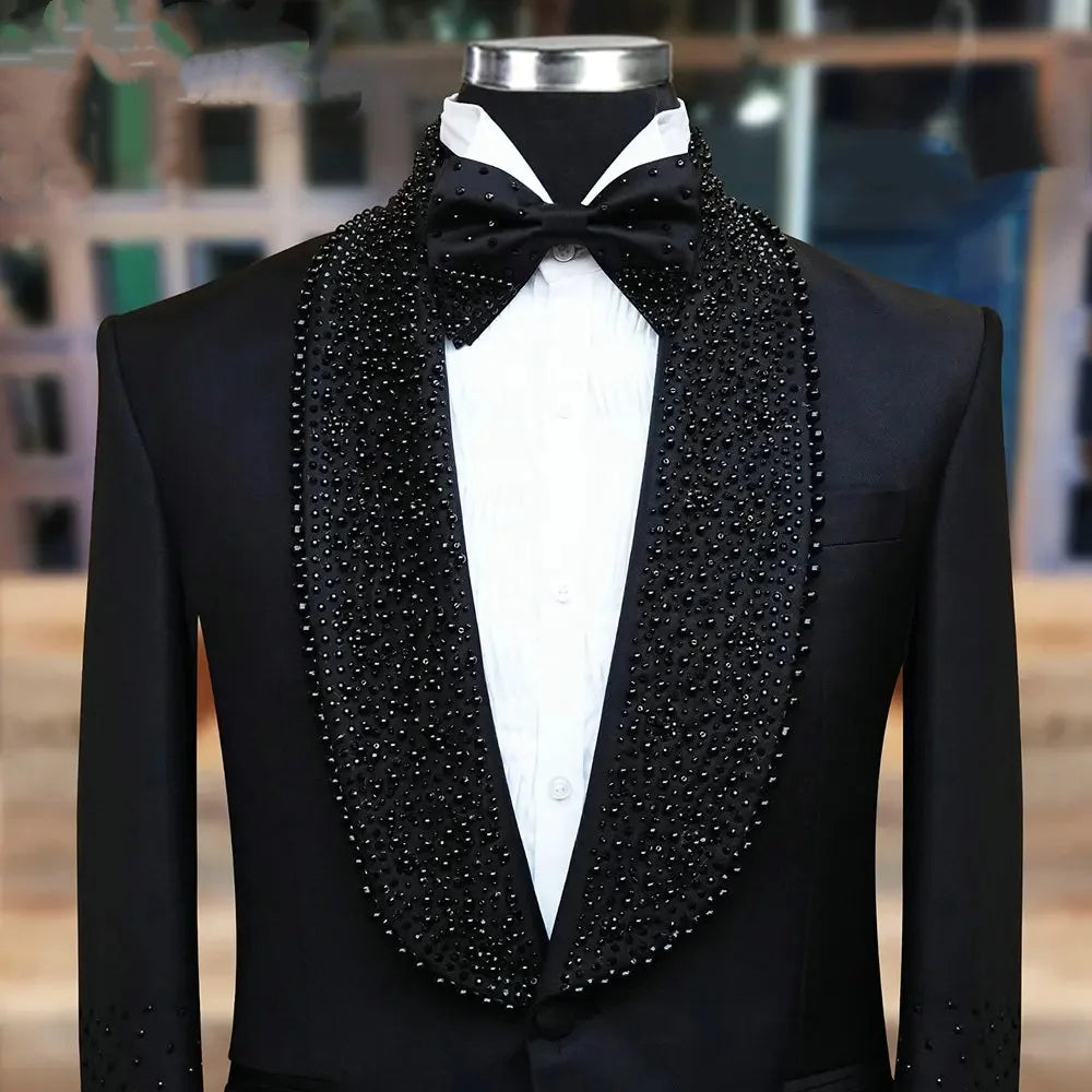 Design Man Tuxedos Handmade Beaded 1 Pcs Jacket Men Suit Luxury Shawl Lapel One Button Evening Wedding Groom Customized