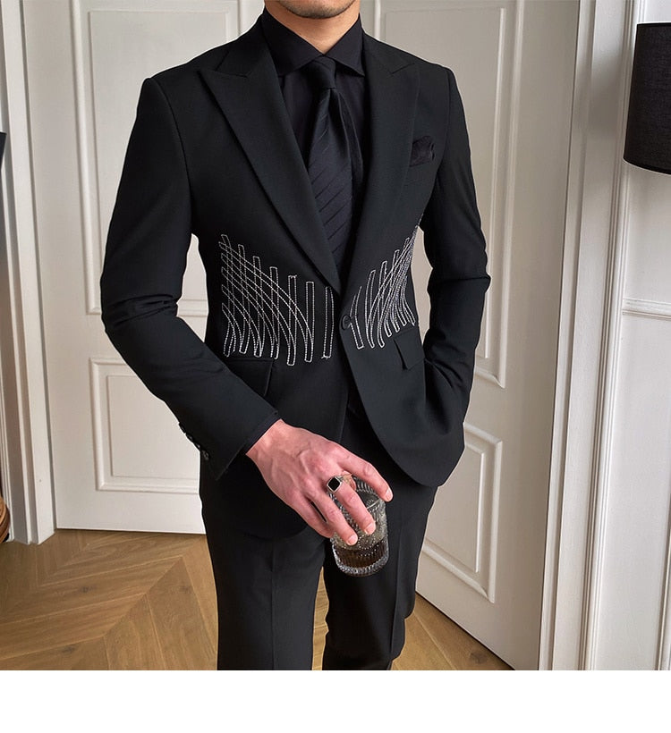 Embroidery Patterns Suit Two Piece Wedding Party Suit Groom Banquet Suit Slim