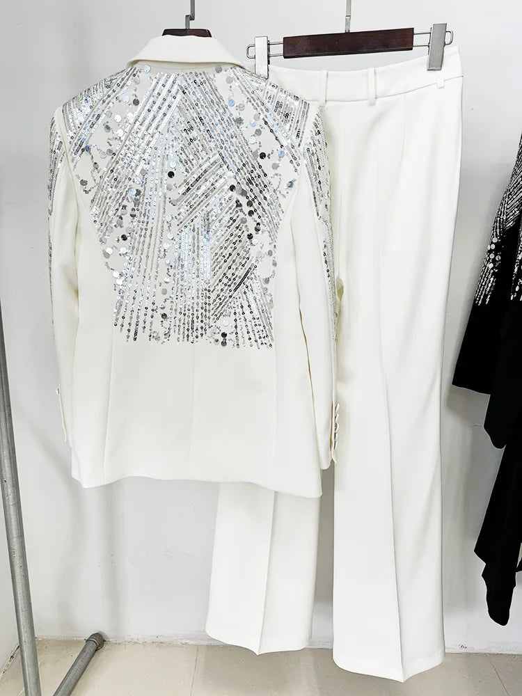 White Beaded Embroidery Sequins Pants Sets Women 2 Piece Outfits Blazer Pantsuits for Women Suits Outfits Black