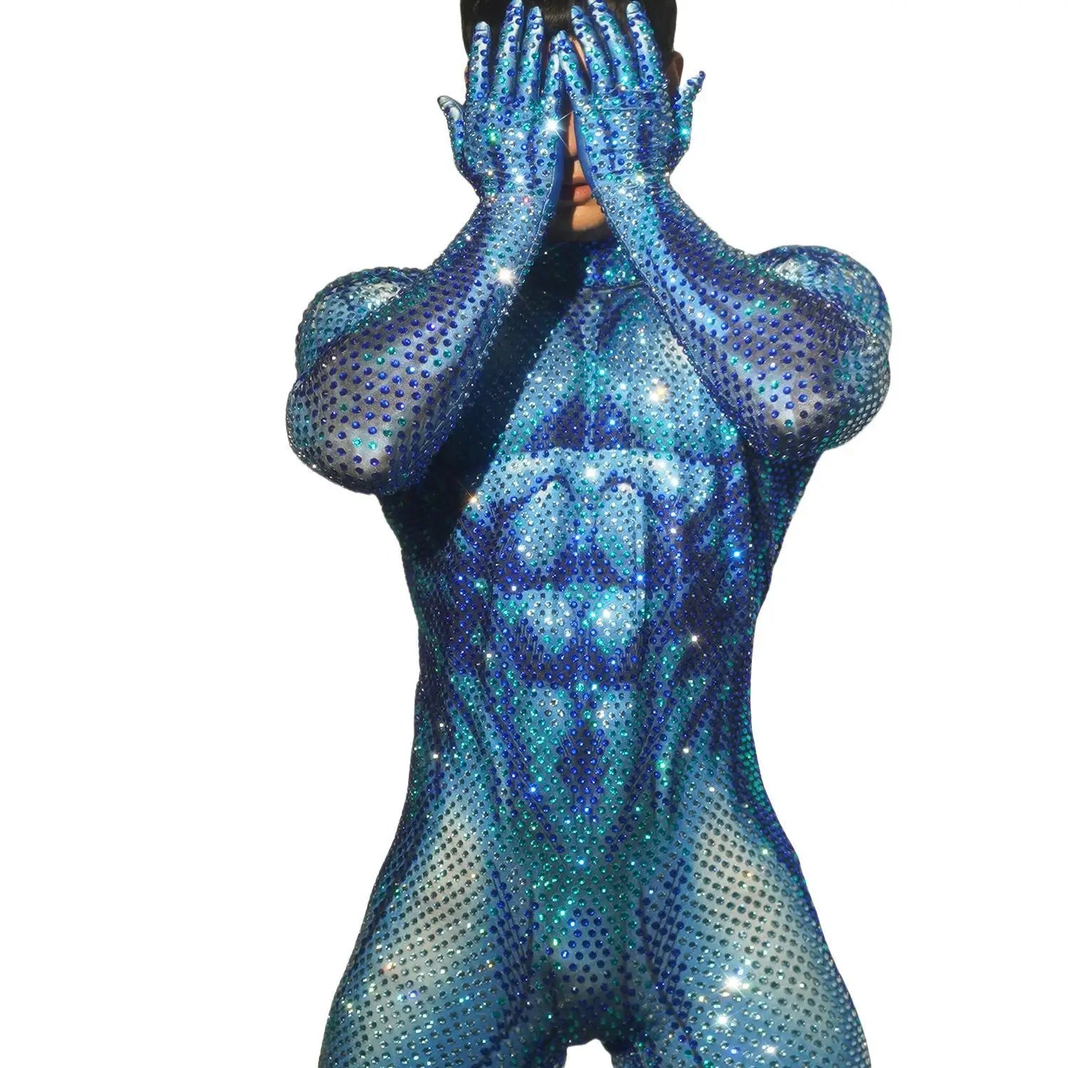 Sexy Blue Full Rhinestones Stretch Men Dance Jumpsuit Prom Dancer Singer Costume Evening Birthday Show Leggings Outfit