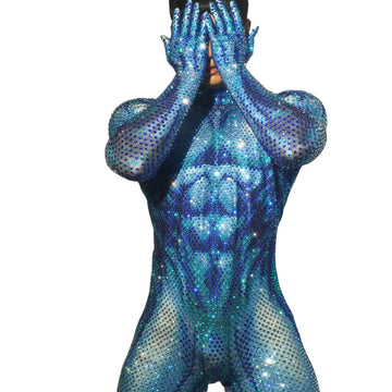 Sexy Blue Full Rhinestones Stretch Men Dance Jumpsuit Prom Dancer Singer Costume Evening Birthday Show Leggings Outfit
