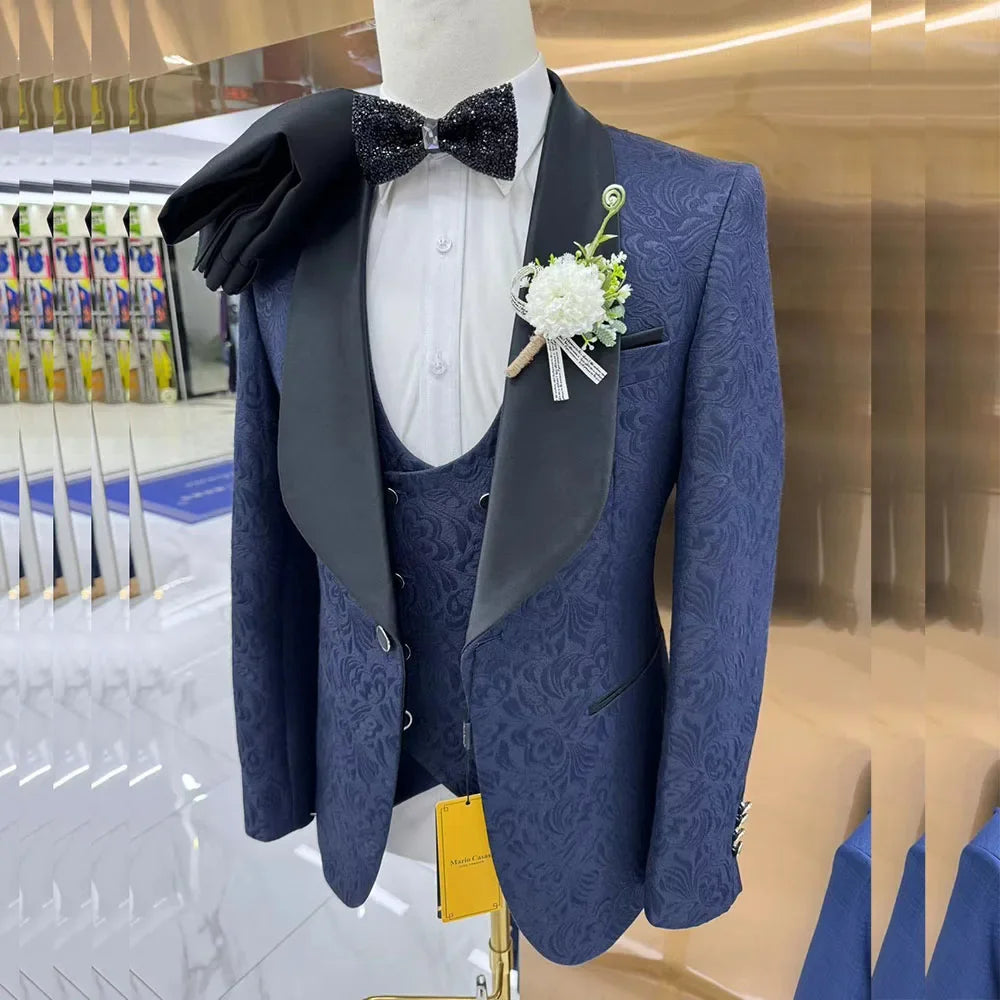 Trajes de boda para hombre, esmoquin azul marino con estampado floral, traje formal de solapa chal, traje de 3 piezas personalizado para padrinos de boda, blazer, chaleco y pantalón.