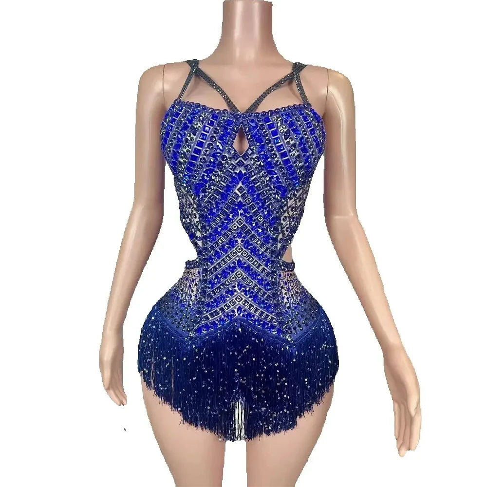 Sexy Customized Sparkly Rhinestones Fringes Blue Backless Bodysuit Performance Dance Costume Nightclub Singer Dancer Stage Wear