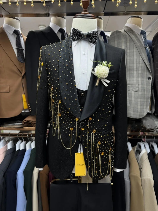 Fashion Men Suits Rhinestone Tailor-Made 2 Pieces Jacquard Shawl Lapel Jacket Tassel Blazer One Button Customized Coat Pants